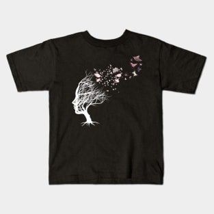 Drawing woman illustration with fyling pink butterflies Kids T-Shirt